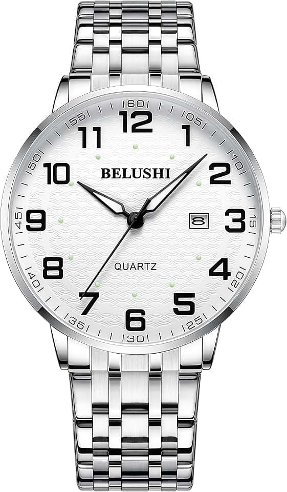 Gosasa Easy-to-Read Quartz Watch for Seniors, Large Numerals, Calendar, 30m Water Resistance, Luminous,Women's Men's Stainless Steel Wrist Watch