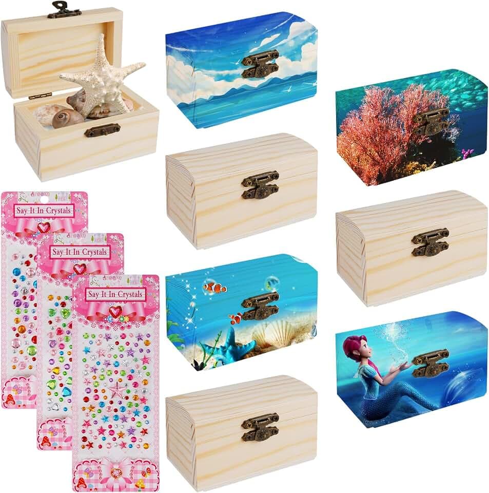 8 Pcs Mini Schatztruhe Holz, kleine Schatzkiste mit Deckel, 9 * 5.5 * 5.2cm Holzschachtel zum Bemalen mit Diamantaufkleber, Schatzkiste Kindergeburtstag für Basteln Ocean Piratenparty DIY