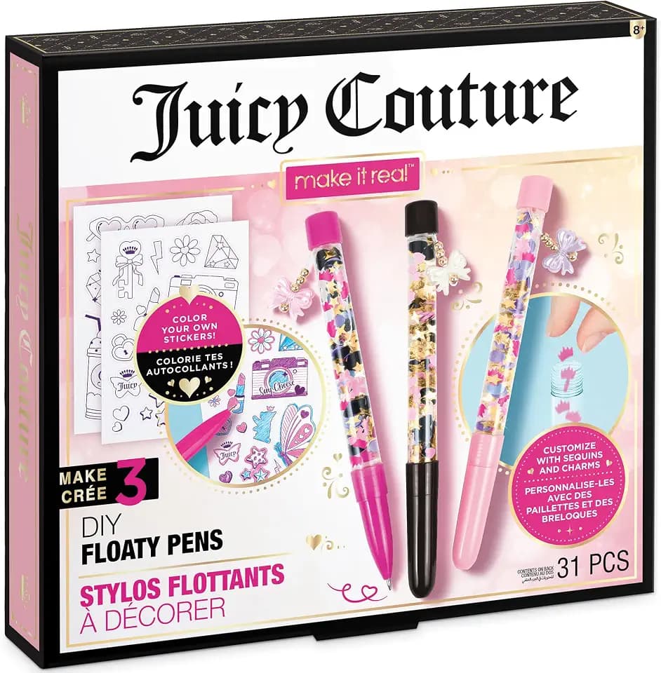 Juicy Couture: DIY Floaty Pens - Design & Make 3 Custom Pens, Pink Black, Sequins-Beads-Charms, Color Stickers, Personal Stationary Craft Set, Kids 8+