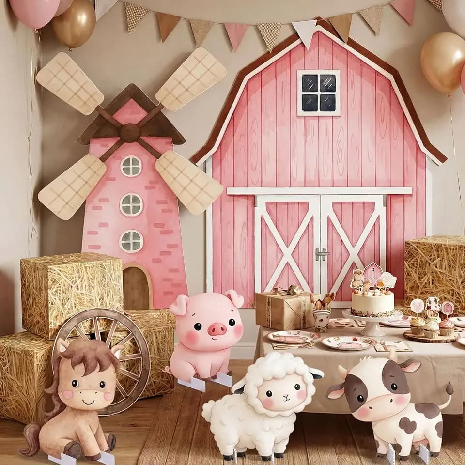 Leinuosen 10 Pcs Large Farm Animal Backdrop Party Decorations Pink Barn