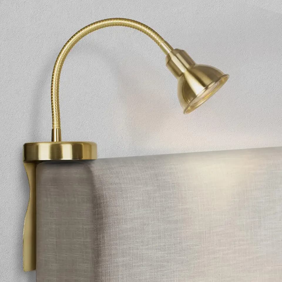 Solfres Patented Innovative Design Headboard Reading Light. No Drilling Golden Book Light for Bedtime Reading. Dimmable LED Book Reading Lamp with Bulb. Movable & Flexible, Gold