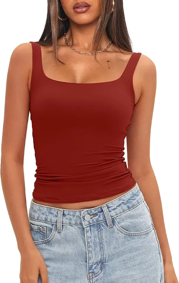 Darong Women's Padded Square Neck Tank Tops Built in Bra Summer Double Layer Basic Sleeveless Tank Shirts