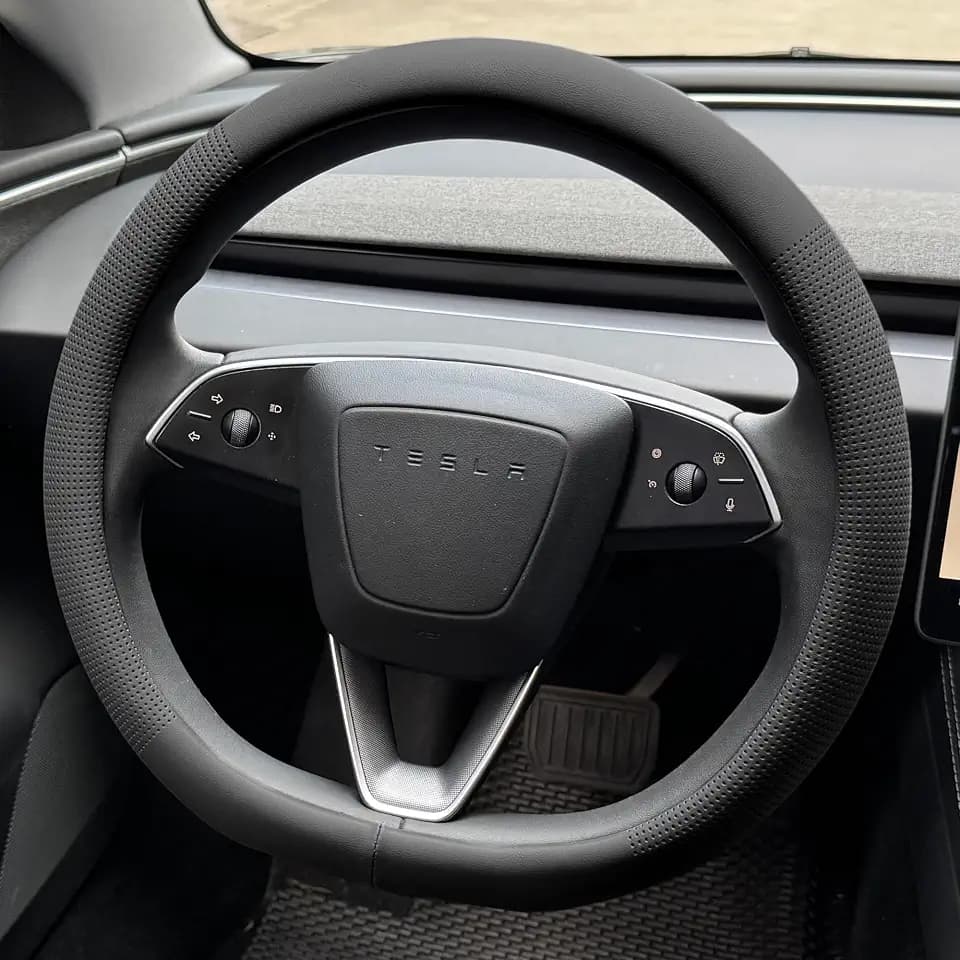 PINCTROT Nappa Leather Steering Wheel Cover for Tesla Model Y/3 (Black)