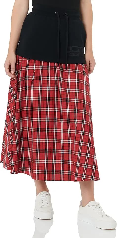 Love Moschino Damen with Watching Brand Long Skirt Matching Logo Embroidery, Red Black White, 40 EU
