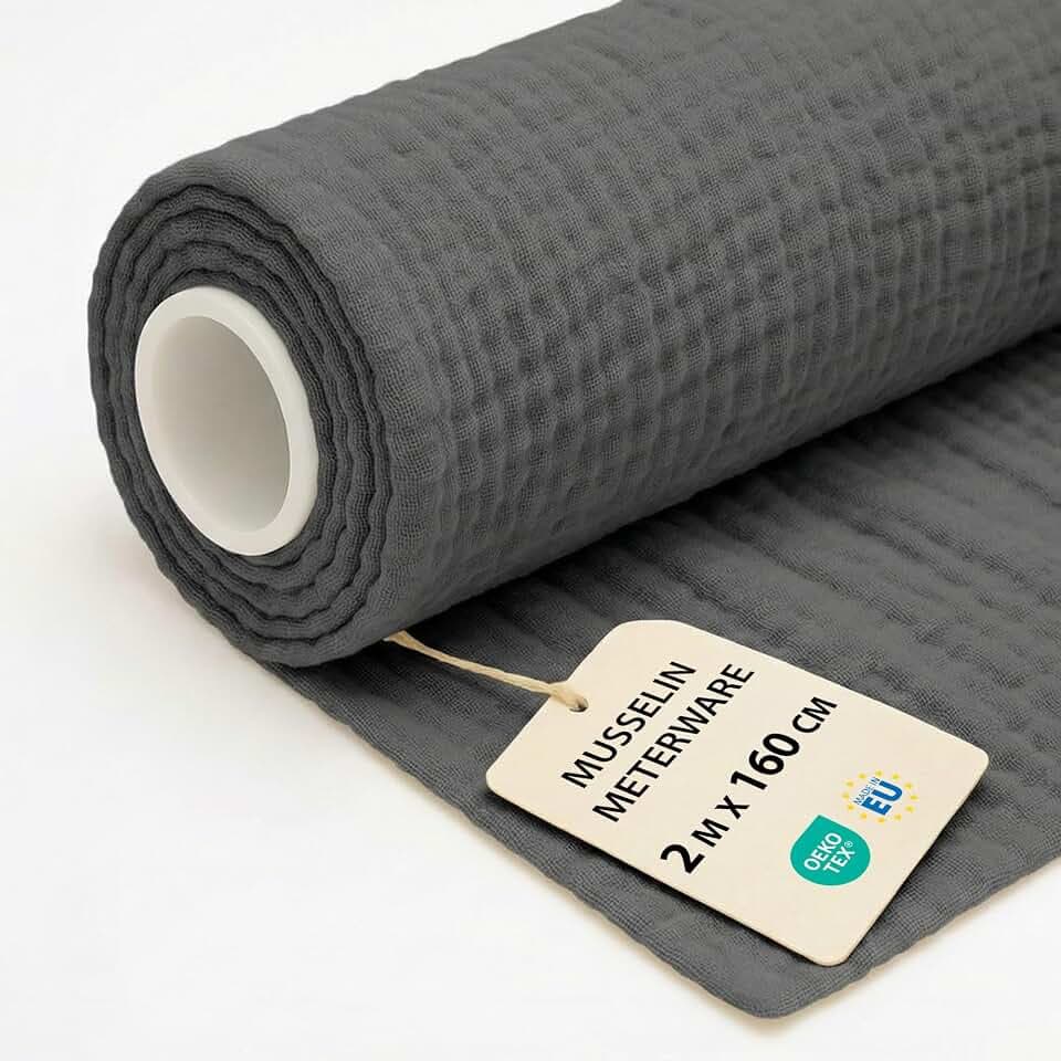 Musselin Stoff Meterware 2 M x 160 cm - Baumwollstoff Stoffe zum Nähen ideal für Bettwäsche Decke Kinder Tuch Tischläufer leichte Baumwolle Fabric Musselinstoff Oeko-Tex-Zertifikat Dunkelgrau