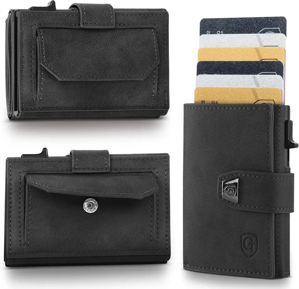 GENTO Geldbörse – kompaktes Portmonee aus Mikrofaser – RFID-Schutz – Premium-Qualität – 8 Kartenfächer – Münzfach mit Druckknopf – 3 Farben – Schiebemechanismus für Karten – Geschenkbox (Schwarz)
