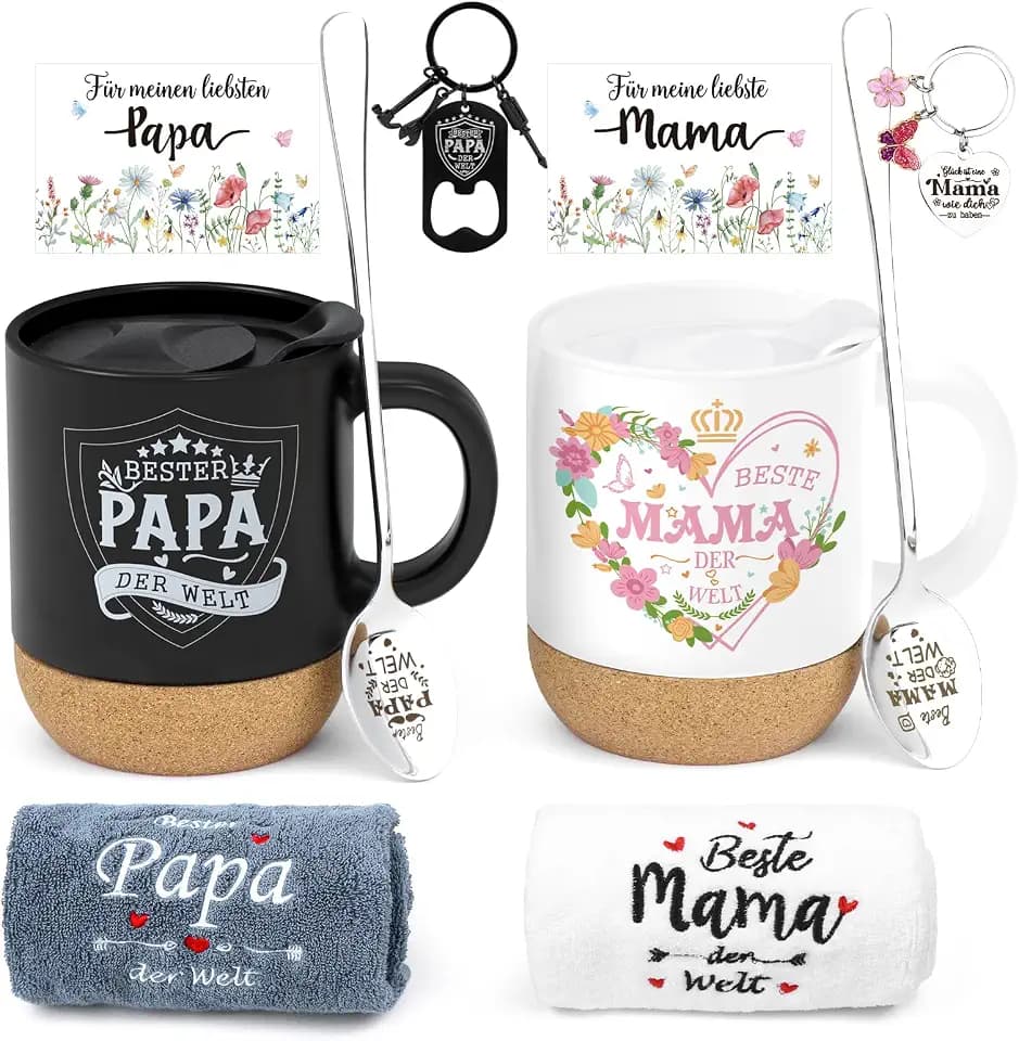 Weihnachtsgeschenke für Eltern, Geschenkideen für Mama und Papa, Kaffeetasse Handtuch Geschenkset, Tassen Geschenk für Eltern, Beste Mama und Papa der Welt