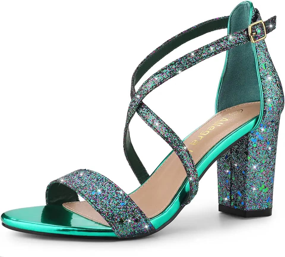 Allegra K Women's Glitter Crisscross Strap Block Heels Sandals