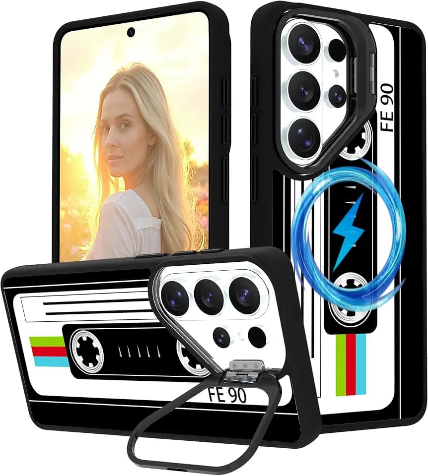 Ecute S26 Ultra case with Kickstand,Slim Drop Protective Case with Camera Ring Stand for Samsung Galaxy S26 Ultra (Compatable with Magsafe) - Retro Cassette Tape