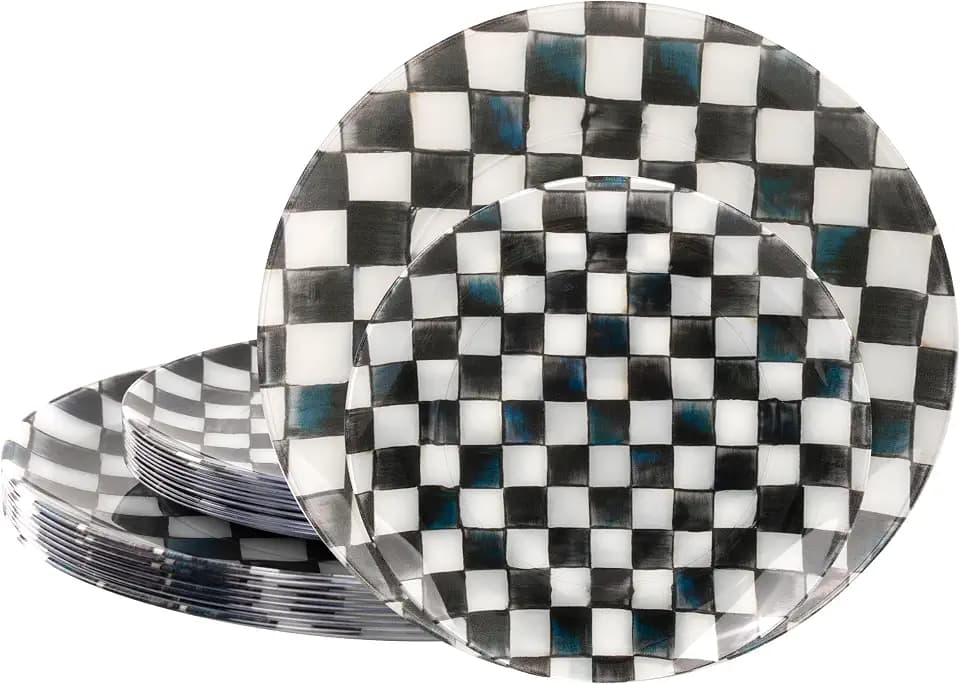 U-QE 20PCS Black Plastic Plates for Party,Retro Checkered Plates Disposable