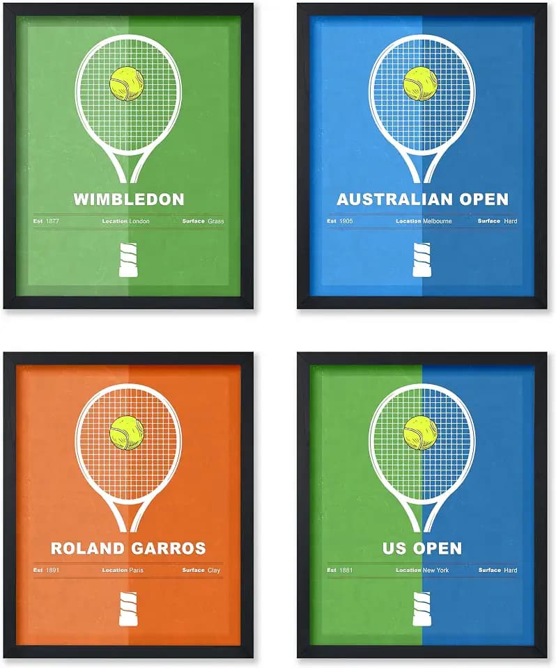 Poster Master 4-Piece Sports Poster - Tennis Print - Tennis Racket Art - Sport Tournament Illustration - US Open Design - Australian Open Graphic - Gym or Office Wall Decor - 11x14 UNFRAMED