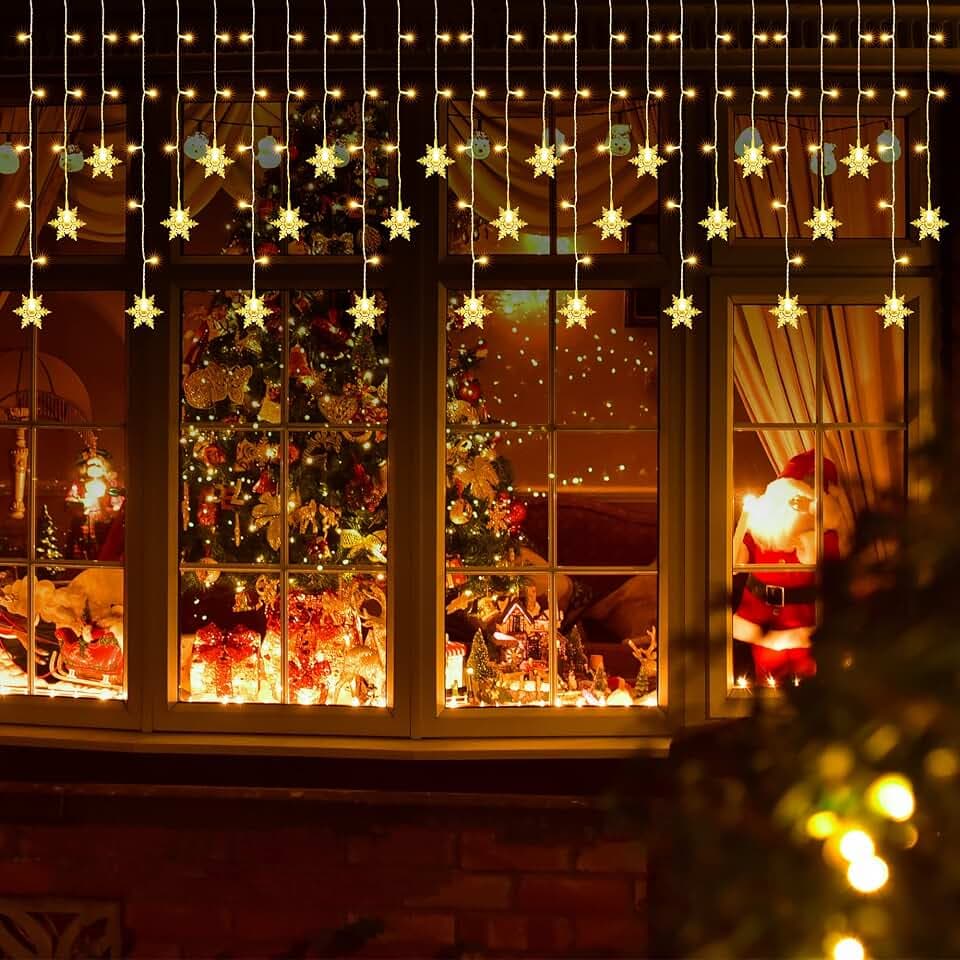 BrizLabs 2x1M Schneeflocken Lichtervorhang Warmweiß, 104 LED Weihnachtesbeleuchtung Außen USB 8 Modi Wasserdicht Fenster Lichterkette für Weihnachten Hochzeit Geburtstag Zimmer Innen Balkon Party Deko