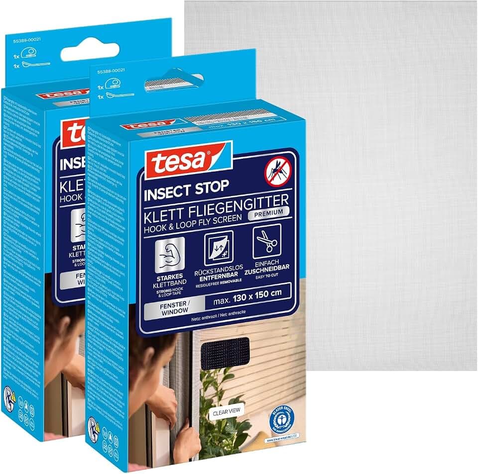 tesa INSECT STOP Klett Fliegengitter Premium - 2x 130 cm x 150 cm Anthrazit