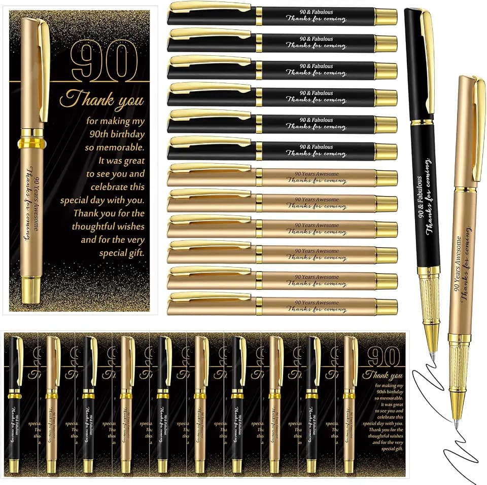 Feifeiya 30 Set 90th Birthday Favors with Black Gold Pens Cards