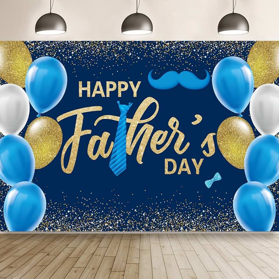 Ansoufien Fathers Day Decorations Backdrop, Happy Father's Day Banner with Gold Balloons Background, 71 Inch x 43 Inch, Polyester, Blue