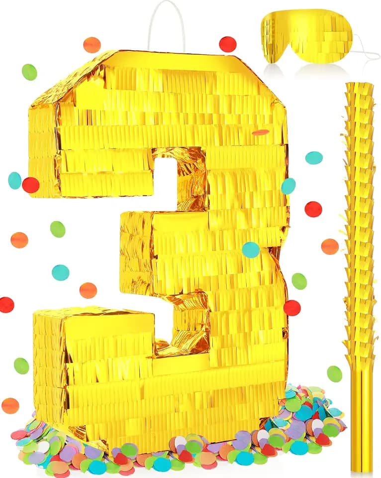 Sratte Piñata Birthday Party Decorations Gold Foil Piñata, Number 3