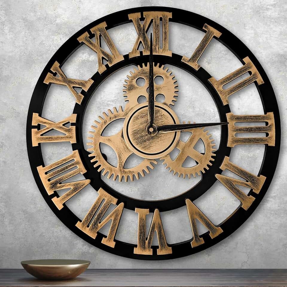 Wanduhr Groß Ohne Tickgeräusche 58cm Leise Uhr 3D Gear Vintage Übergröße Wanduhr Roman Ziffern hängende Uhr für Wohnzimmer Küche Schlafzimmer Innenuhr (‎Gold, 58CM)