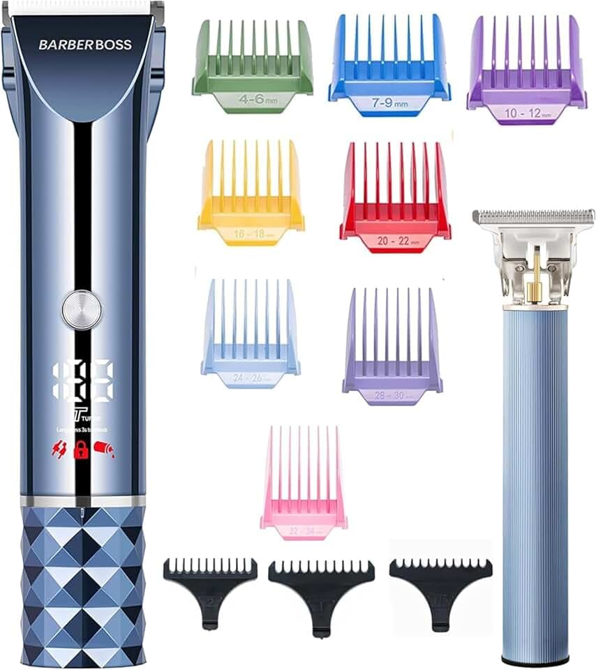 BarberBoss Haar- & Bartschneidemaschine Kit Herren Schnurloser Groomer Turbo Speed Trimmer mit LED-Anzeige Einstellbare Klinge 8 Führungskämme Grooming Kit für Männer