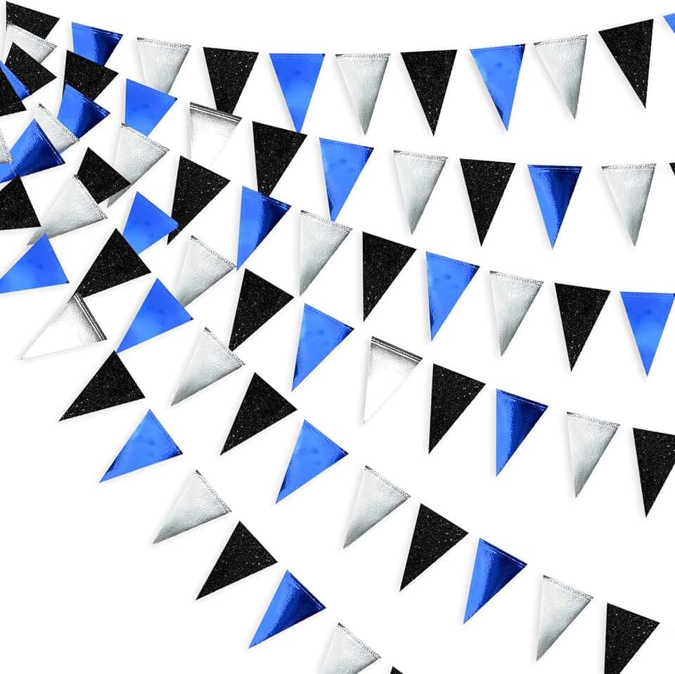 30Ft Navy Blue Black and Silver Party Decorations Royal Blue Triangle Flag Pennant Banner Bunting for Graduation Birthday Wedding Bridal Shower Nautical Ahoy Achor Themed Party Decorations Supplies