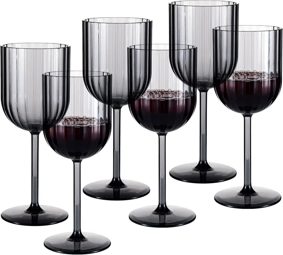 14-ounce Plastic Fluted Stem Wine Glasses, Ribbed All Purpose Arcylic Glasses, set of 6 Grey, Reusble Shatter-resistant Dishwasher Safe