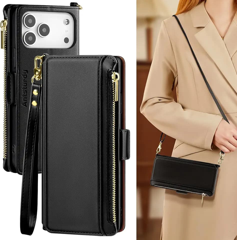 Antsturdy Crossbody Phone Wallet Case for iPhone 17 Pro,Black