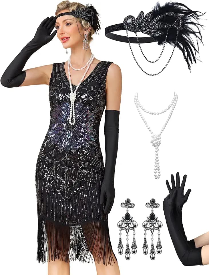 MTITE Women's Flapper Dresses 1920s,Great Gatsby Dresses Sequin Fringe Cocktail Dress Roaring 20s Dress for Harlem Nights