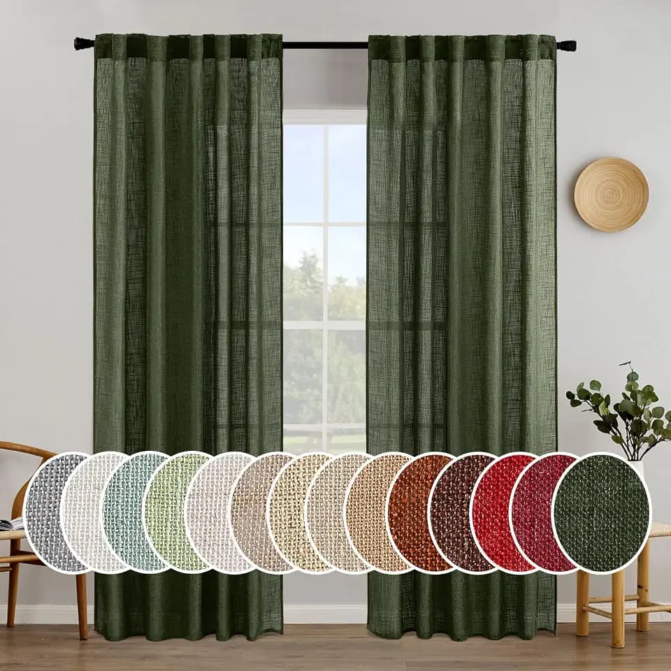 MIULEE Olive Green Linen Curtains 37x84 Inch Length for Bedroom Living Room