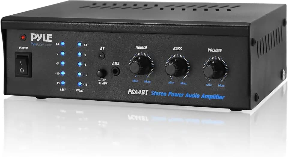 PyleUsa Wireless Bluetooth Home Stereo Amplifier 2x120 Watt Power Amplifier Home Audio Receiver System w/ MP3/AUX/RCA, Bass/Treble/Volume Rotary Control, 110/220 Voltage Selector BT Antenna PCA4BT