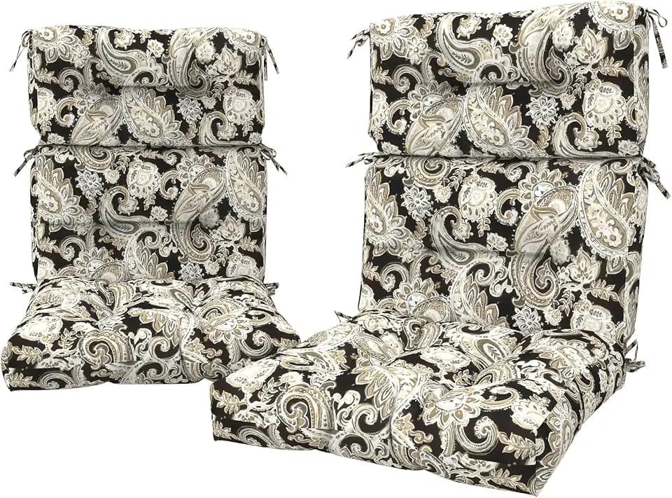 LVTXIII 2 Pack Outdoor High Back Cushions, 22" W x 20" D Tufted Seat and Back Chair Cushion with Ties, Fluffy Patio Replacement Rocking Chair Cushion for Outdoor Furniture Use, Paisley Black