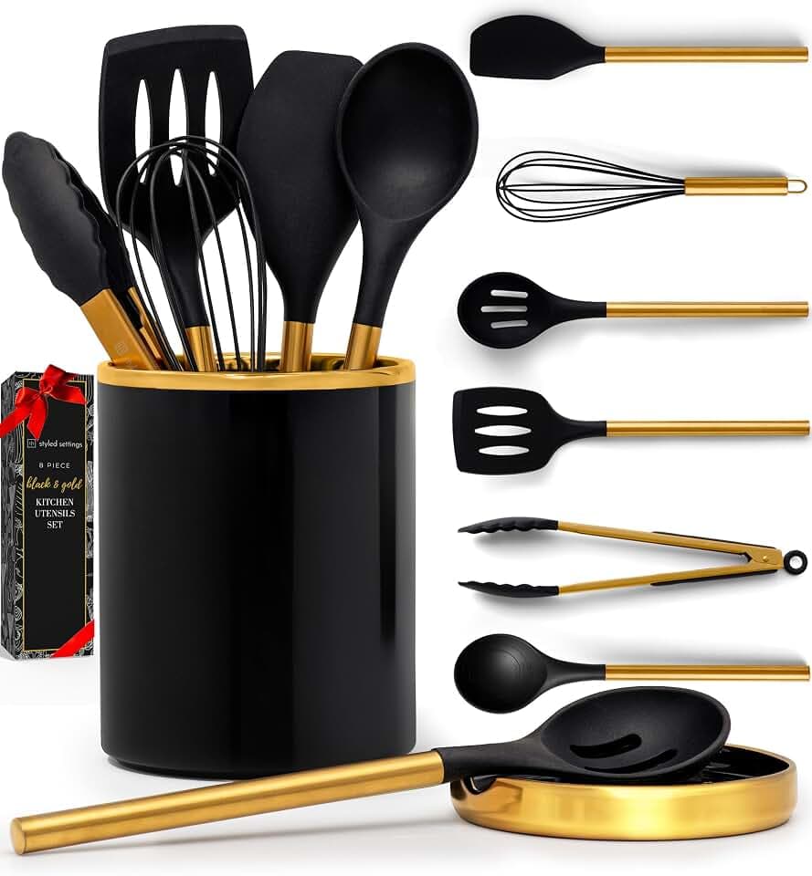 Styled Settings Black and Gold Kitchen Utensils Set with Holder, 8-Piece