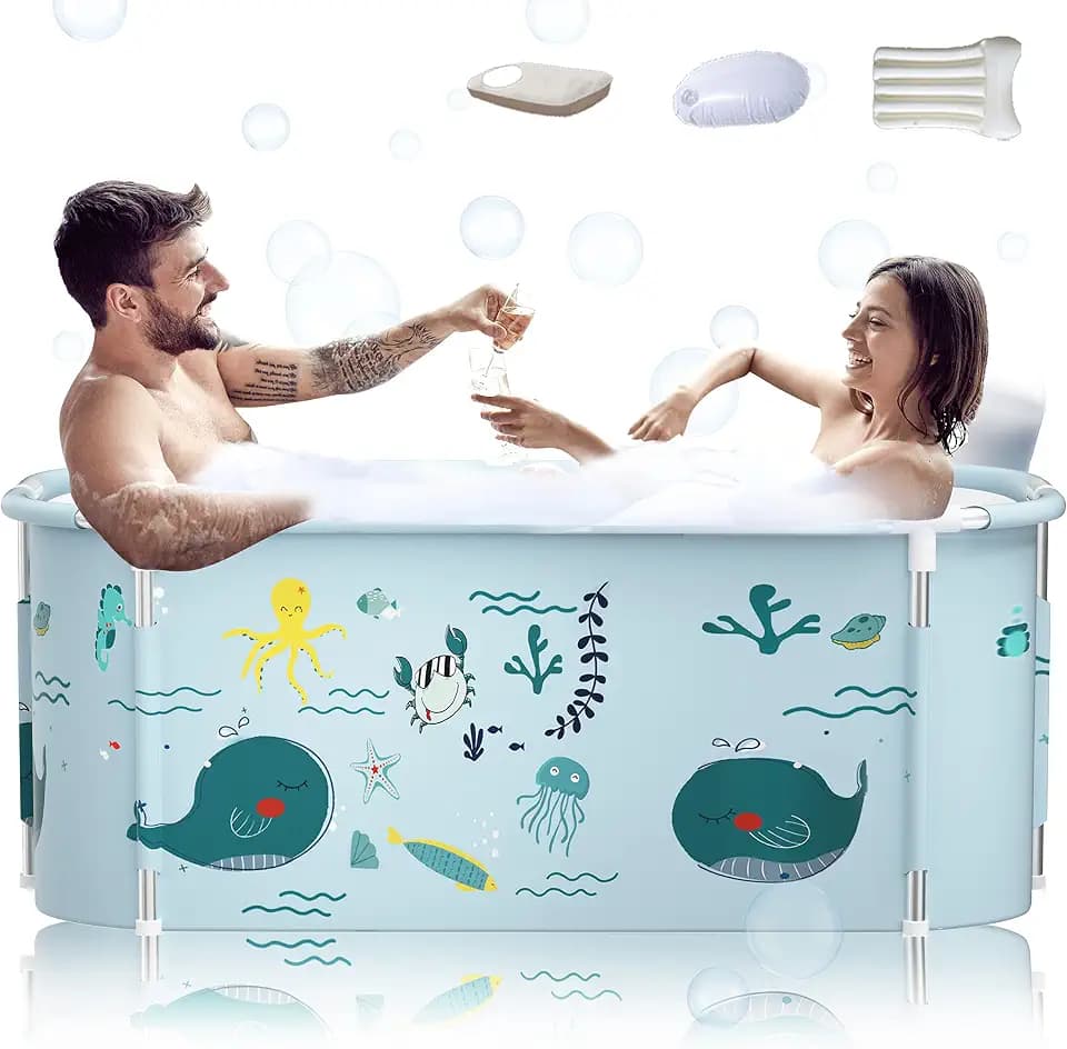 140cm Tragbare Faltbare Badewanne Mit Metallrahmen, Große Familie für Erwachsene, Effiziente Umstellung von Heißer und Kalter, 140cmX60cmX55cm (Ozean Stil)