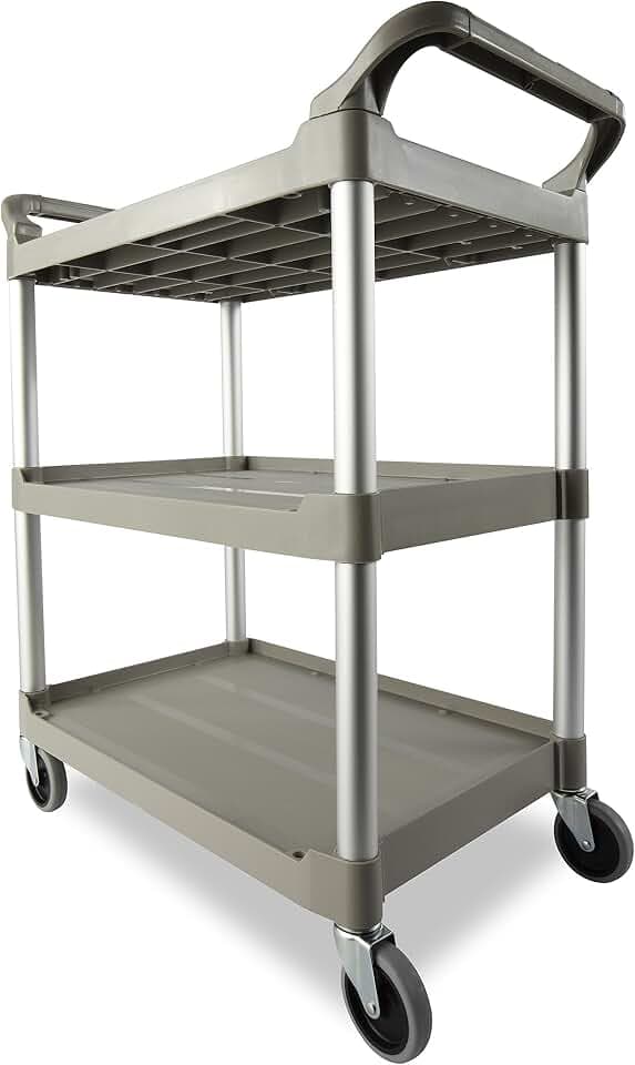Rubbermaid Commercial Products Heavy Duty 3-Shelf Rolling Service/Utility/Push Cart 200 lbs. Capacity Platinum for Foodservice/Restaurant/Cleaning/Warehouse/Garage