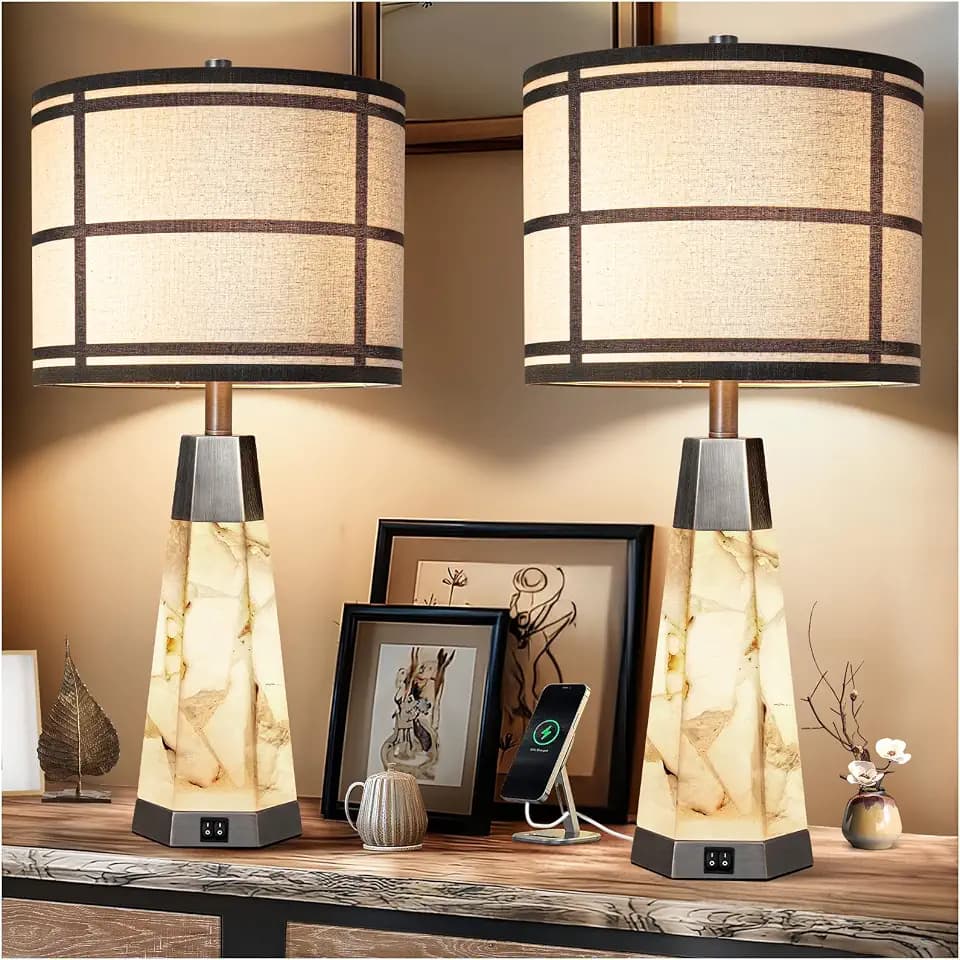 KIVDITZO 27" Alabaster Bedside Table Lamps Set of 2 with Night Light