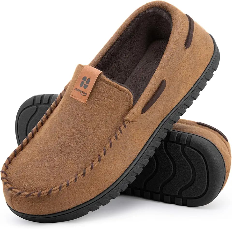 HomeTop Men's Suede Memory Foam Moccasin Slippers Warm Lining House Shoes