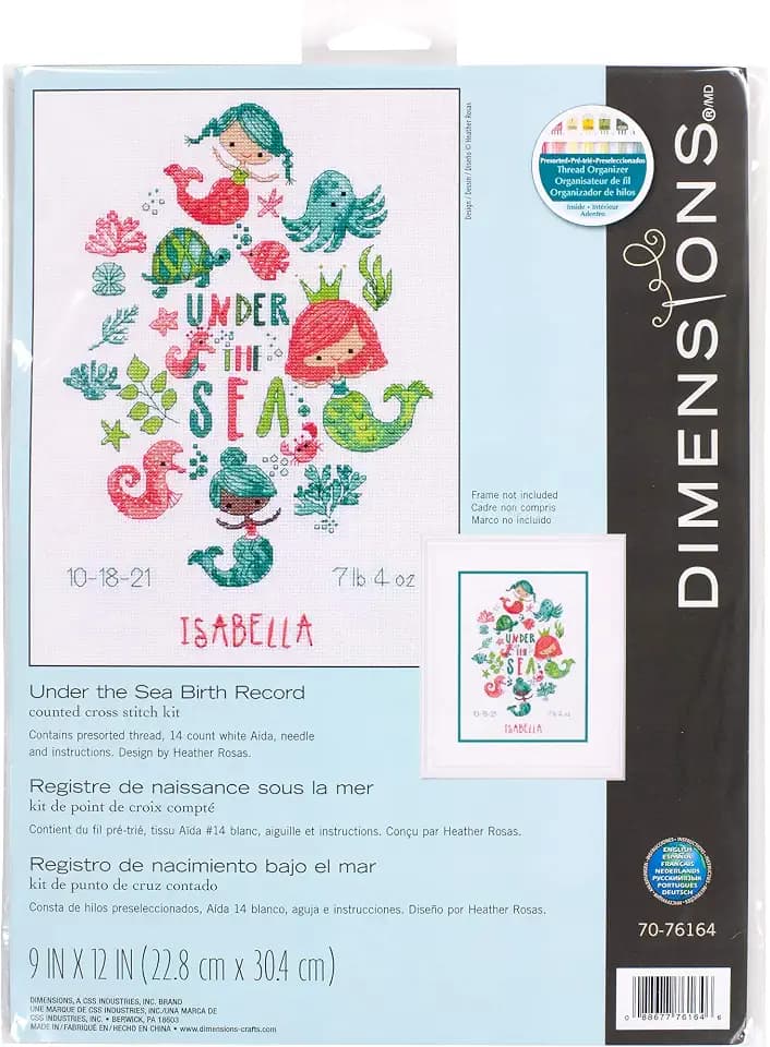 Dimensions 70-76164 Under The Sea Baby Birth Record Counted Cross Stich Kit, 14 White Aida, 9'' x 12"