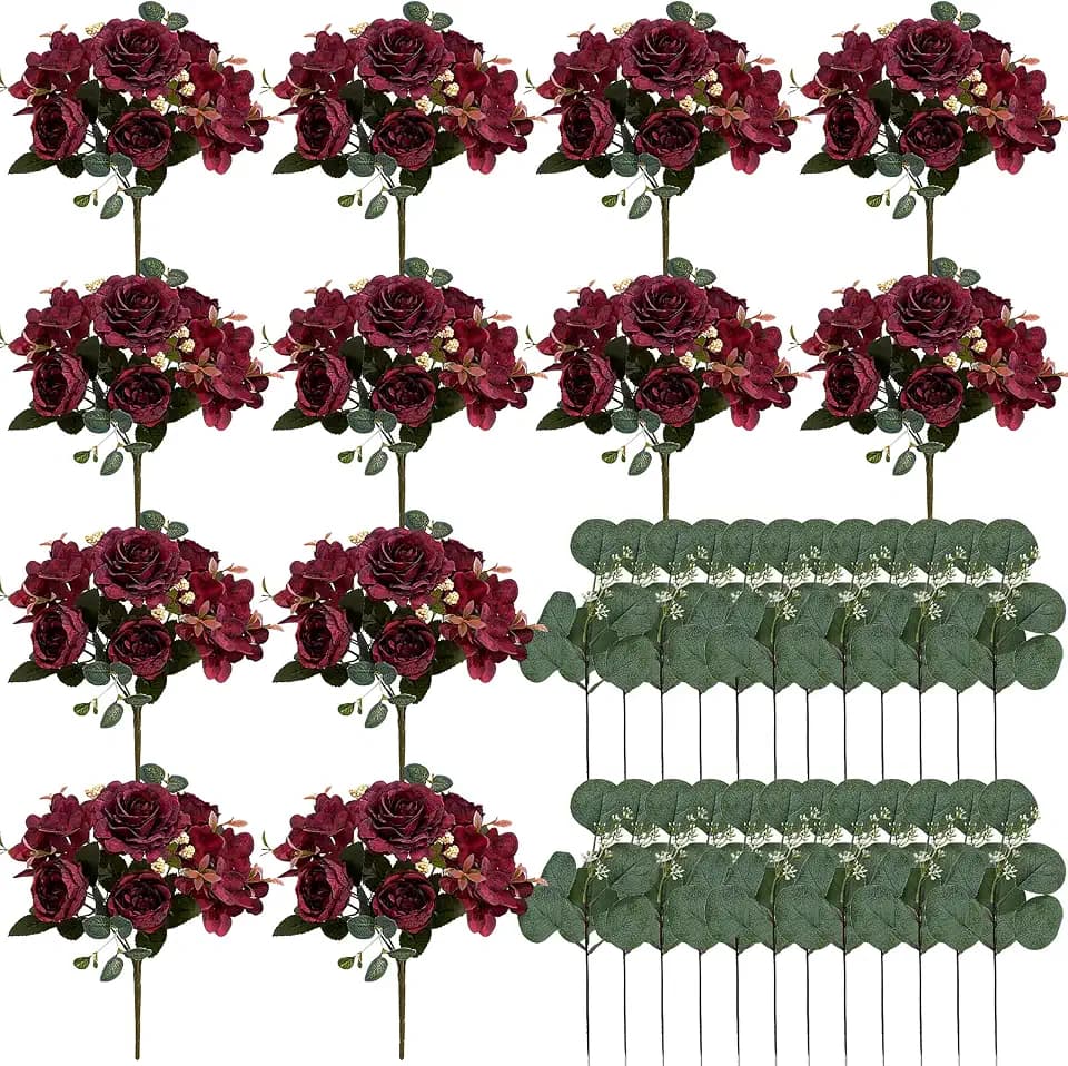 12 Bundles Burgundy Peonies Artificial Flowers for Centerpieces