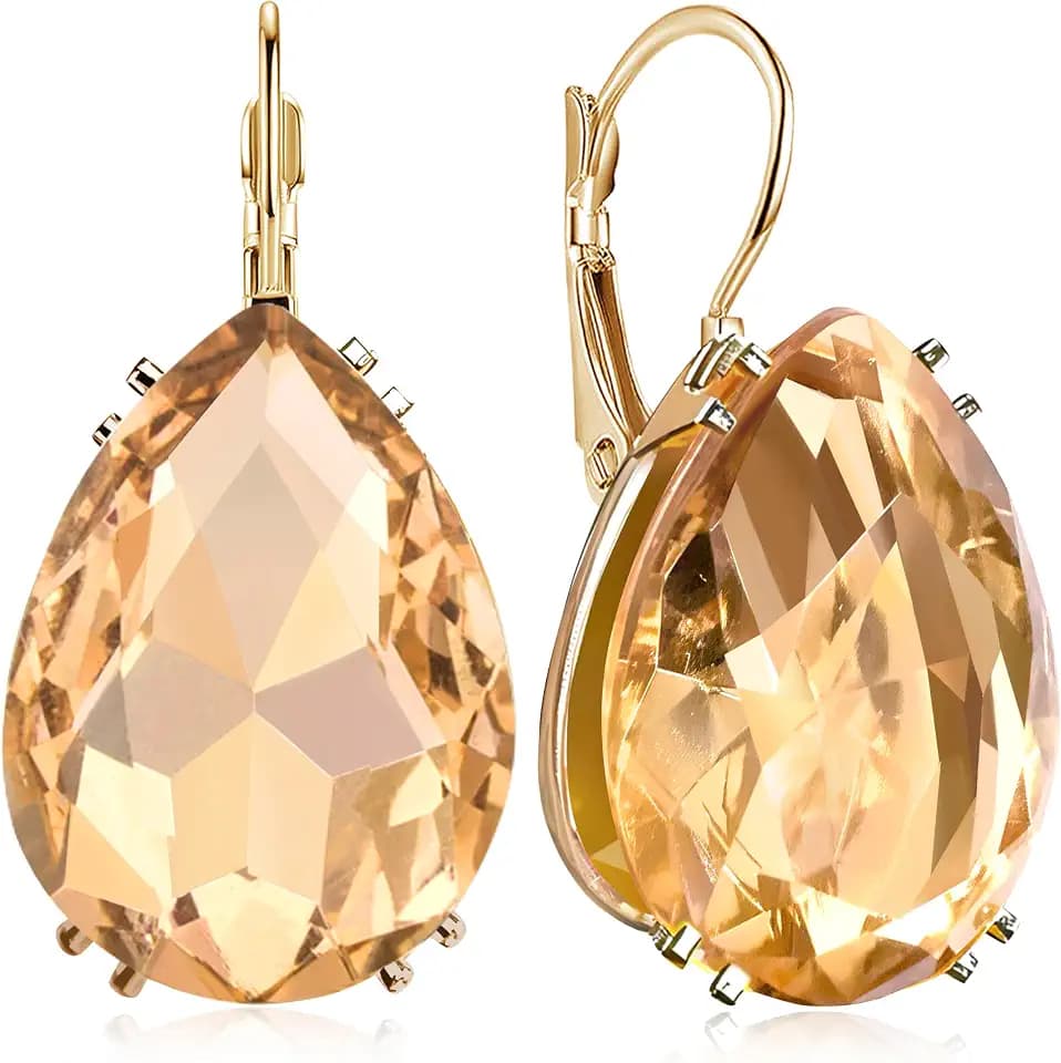 14K Gold Teardrop Crystal Leverback Earrings Sparkly Rhinestone Water Droplet Dangle Drop Earrings For Women