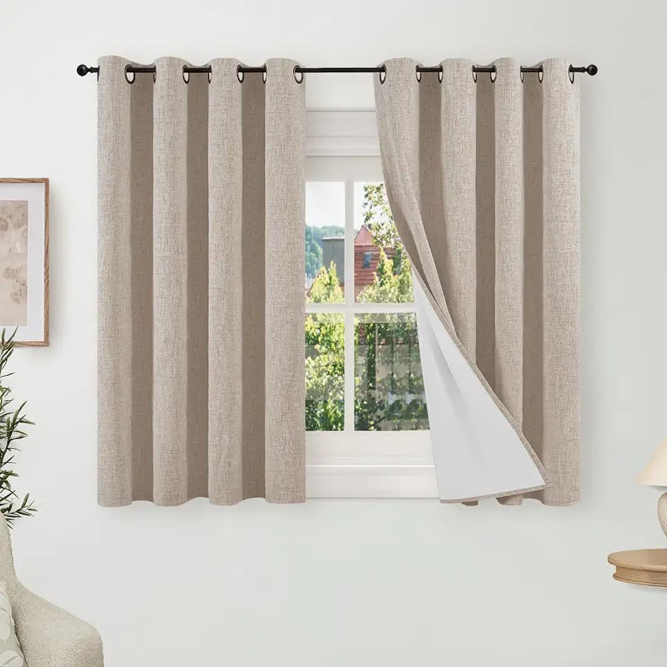 Lajode Linen Blackout Curtains 45 Inches Long - 2 Panels Each 52 Wide Beige