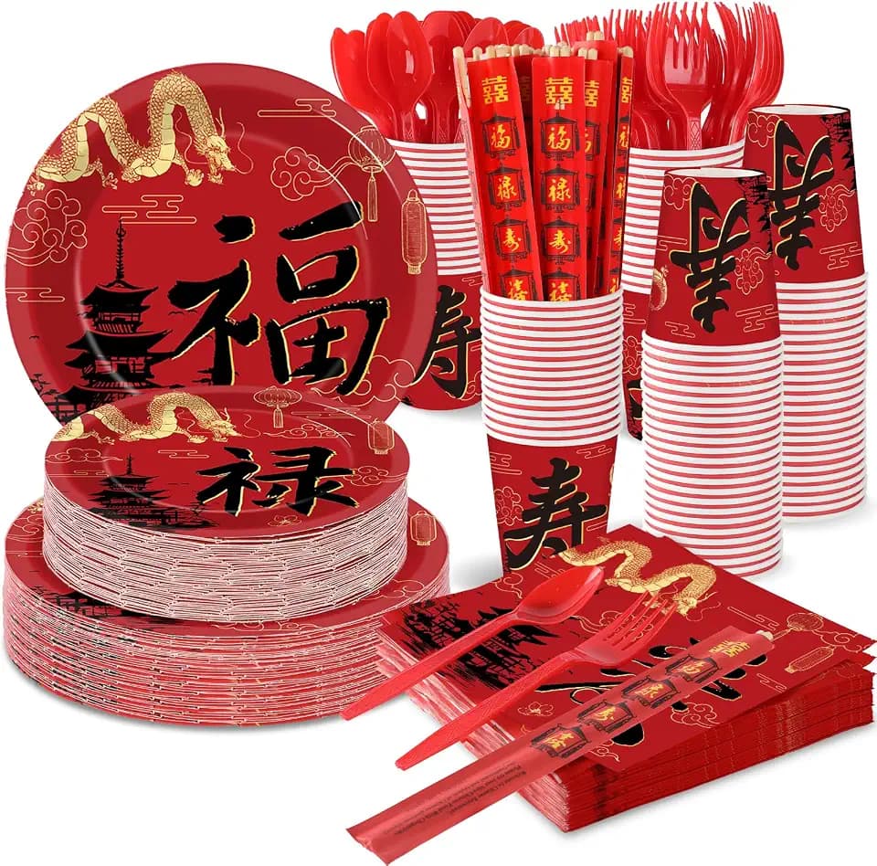 party greeting 175 Pcs Hibachi Party Decorations Japanese Party Supplies Includes hibachi Paper Plates Napkins Forks Spoons Chopstick for Chinese Japanese Themed Birthday Decorations Serves 25(Red)