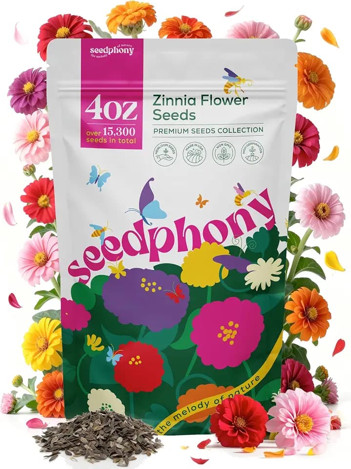 Seedphony Zinnia Seeds Pack 4 oz - 15,300 Non-GMO Heirloom Zinnia Seeds for Planting, Perennial Flowers in Waterproof Seed Packet, Wildflower Seeds for Planting Garden Indoor & Outdoor Gardening