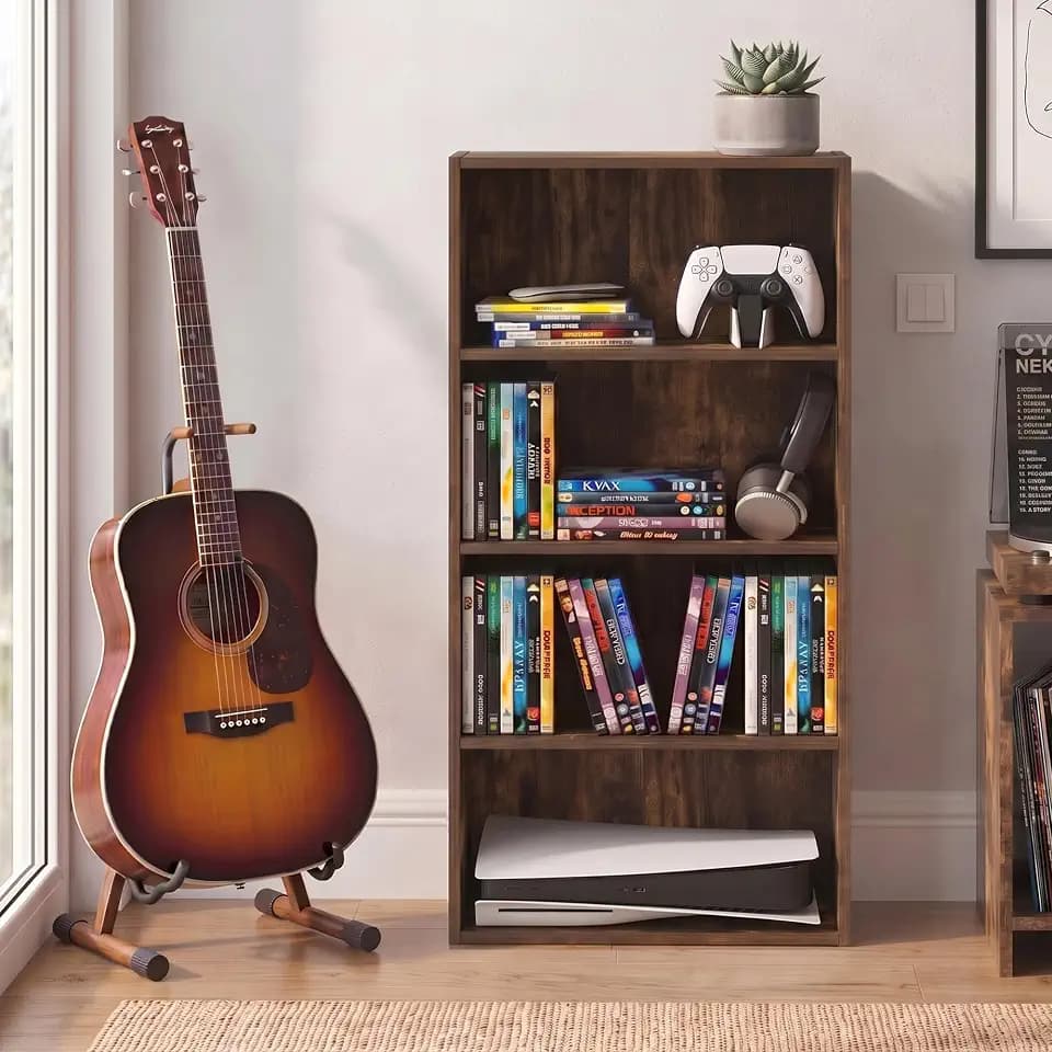Furinno Basic DVD Shelf, 4-Tier CD Rack, Media Shelf, Amber Pine