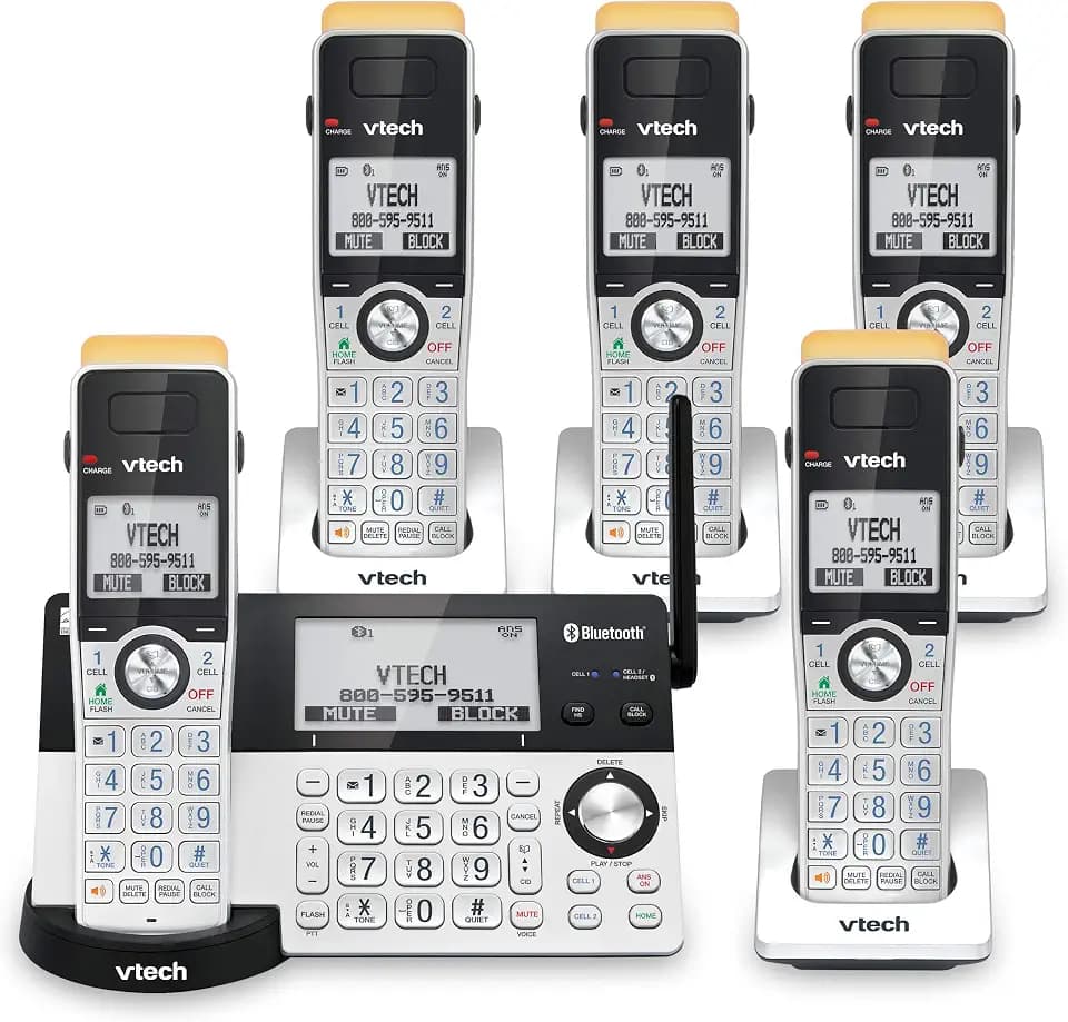 VTech IS8151-5 Super Long Range 5 Handset DECT 6.0 Cordless Phone for Home with Answering Machine, 2300 ft Range, Call Blocking, Bluetooth, Headset Jack, Power Backup, Intercom, Expandable to 12 HS