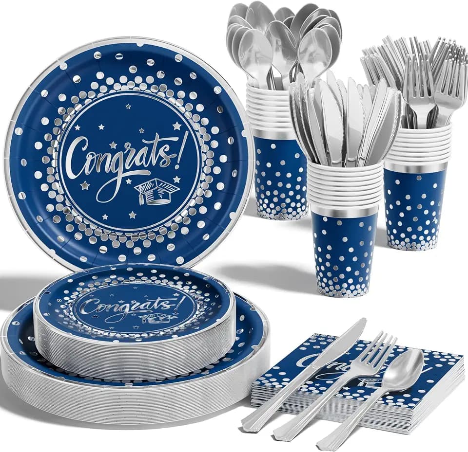 2026 Graduation Party Supplies - 175 PCS Congrats Grad Disposable Dinnerware Set w/Blue Sliver Paper Plates Cups Napkins & Plastic Cutlery, Serves 25 Guests for School College Grad Celebratio