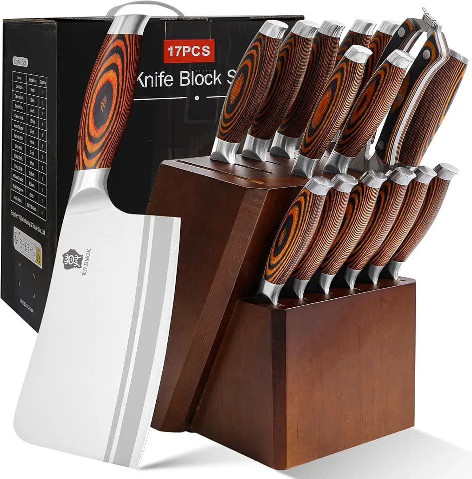 WILDMOK Messer Set Messerblock Set, mit Holzgriff Block, Deutscher Edelstahl Kchenmesser Knochenhacker Steakmesser, und Kchenschere, 17-teilig Profi Messerset