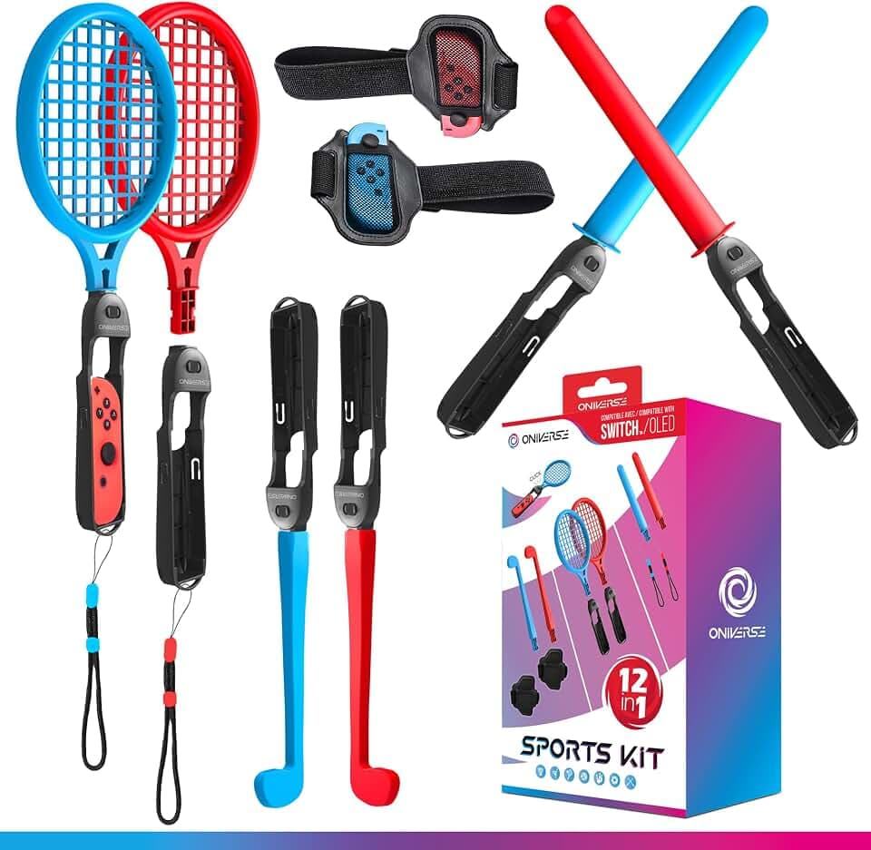 Oniverse 12 in 1 Nintendo Switch Sport Zubehör Bündeln, Switch Sport Kits mit Handschlaufen, Schläger, Chanbara-Schwerter, Golfschläger, Beingurte und Universalgriffe für Joy Con