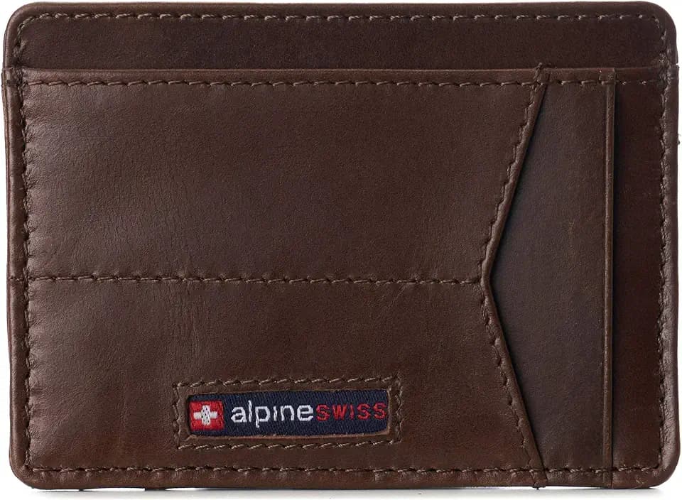 Alpine Swiss RFID Minimalist Oliver Front Pocket Wallet For Men Leather Hampton Collection Glossy Nappa Brown