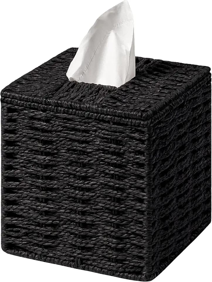 Black Tissue Box Cover, Hand Woven Square Tissue Box Holder