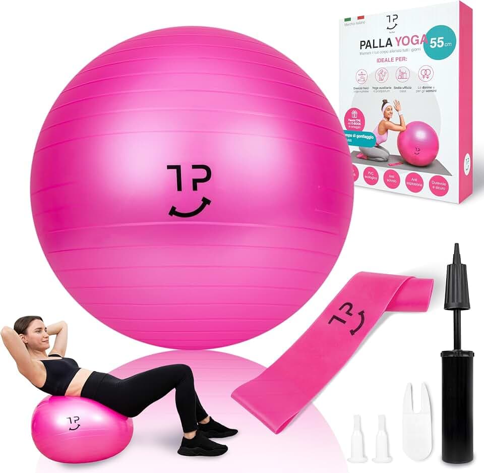 Tre Puri® Yoga Pilates Ball – 55 cm Ball mit Yoga-Zubehör italienische Marke – nützlich für Fitness zu Hause und Bauchmuskeln – inklusive Gummiband und E-Book (Tipps für Sie)