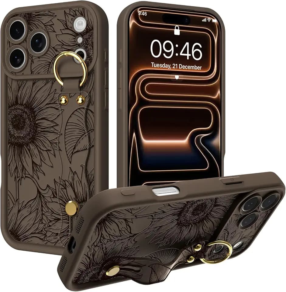Fiyart Designed for iPhone 17 Pro Case Wrist Strap Sunflower 6.3"-Brown