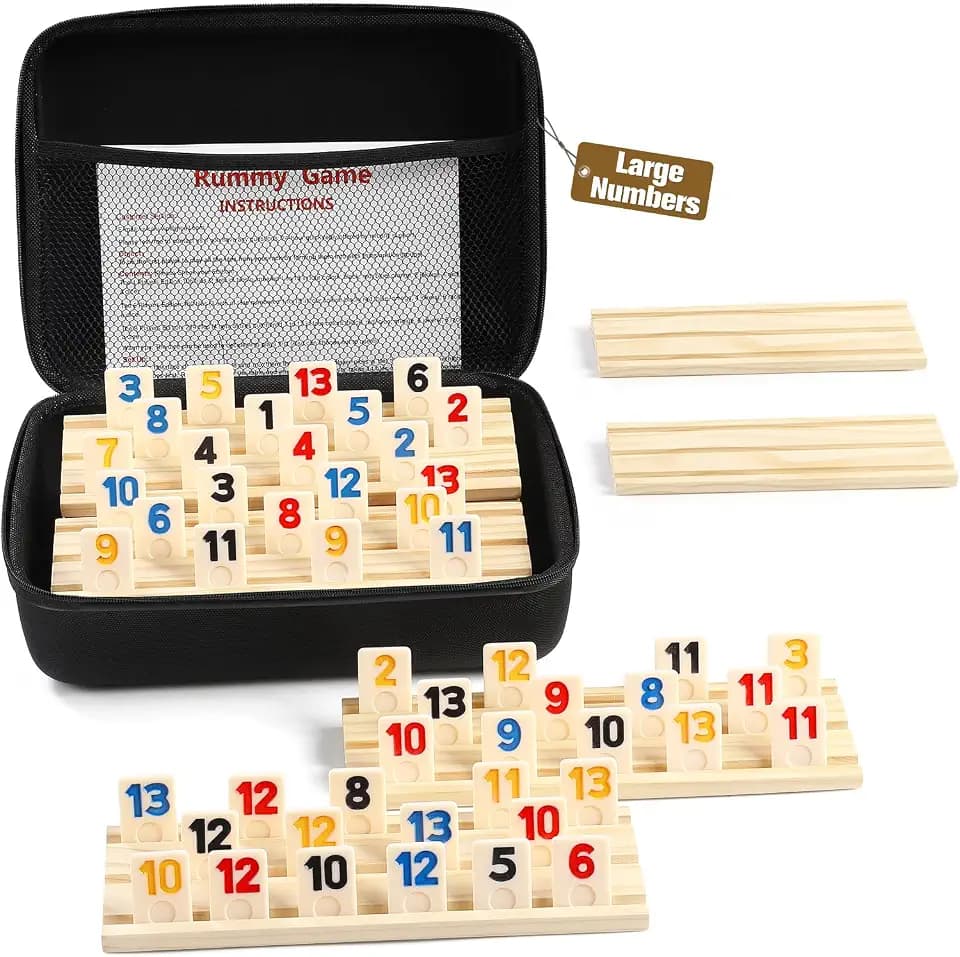 Rummy Cube 6 Player Edition with 6 Wooden Racks/Trays, 160 Large Numbers Rummy Tiles Set with Zippered Case, Rummy Travel Game Set with 6 Tiles Holders - Classic Board Games for Family Adults Kids